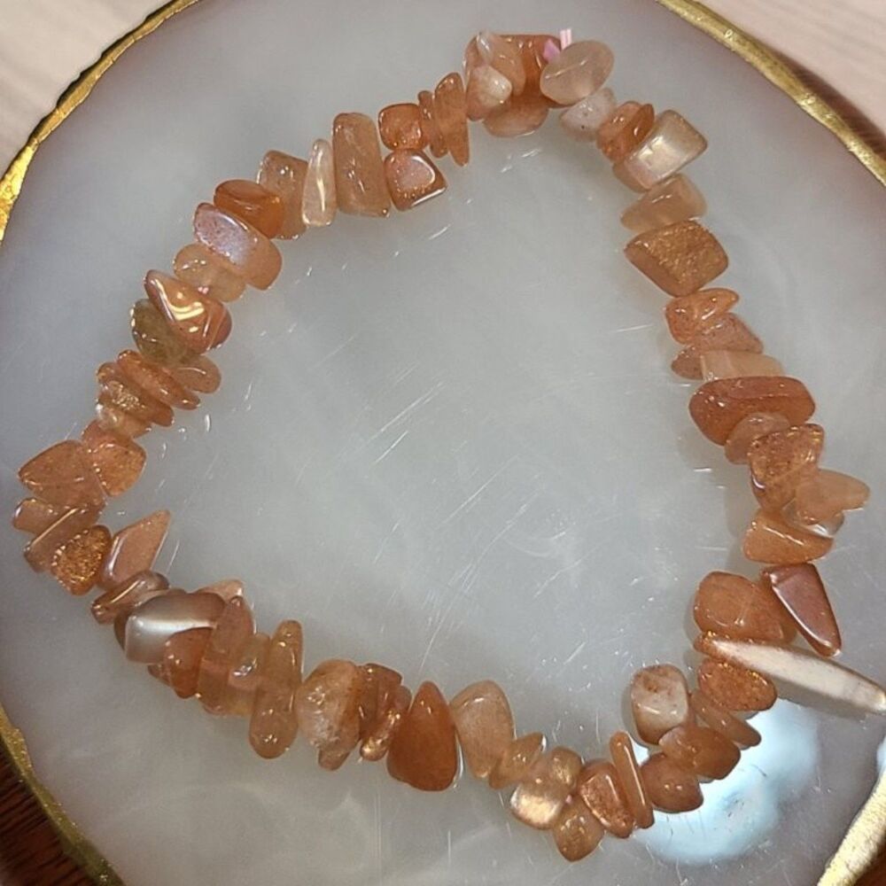 Natural Sunstone Crystal Chip Stretch Bracelet Peach Gemstone Boho Healing Jewel